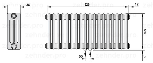 Схема (чертеж) Радиатор Zehnder Charleston 4055/18 №5410 Белый глянцевый RAL 9016